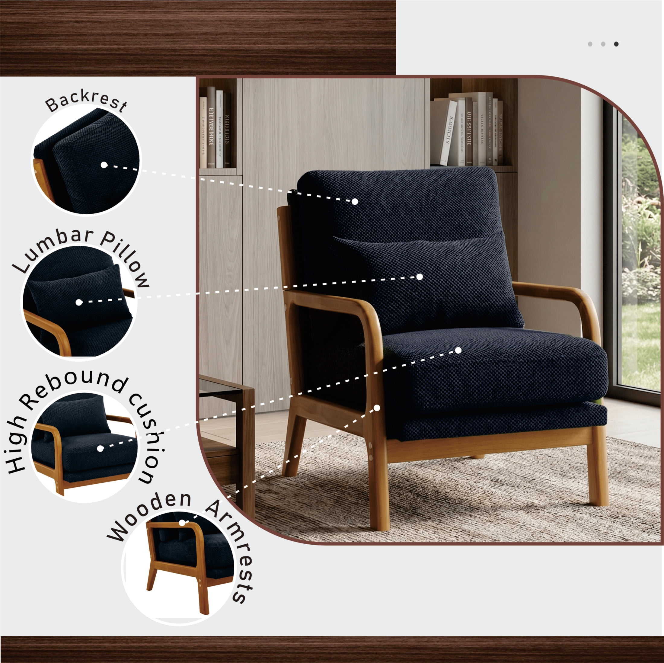 Noble House Mid-Century Modern Lounge Chair, Upholstered Accent Armchair with Solid Wood Frame, Black