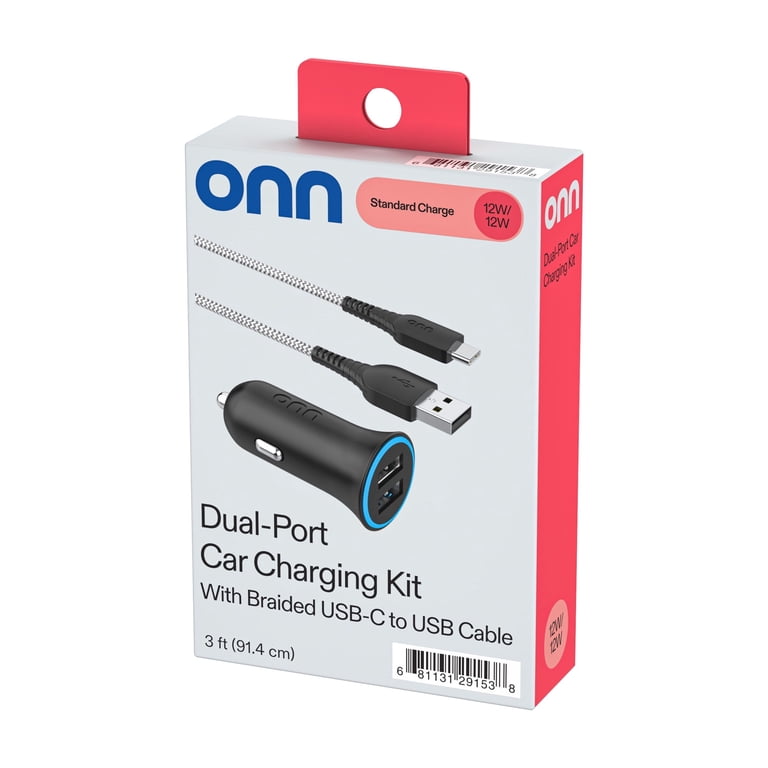 onn 24W Dual USB-A Car Charger with 3ft USB-C Cable photo 7