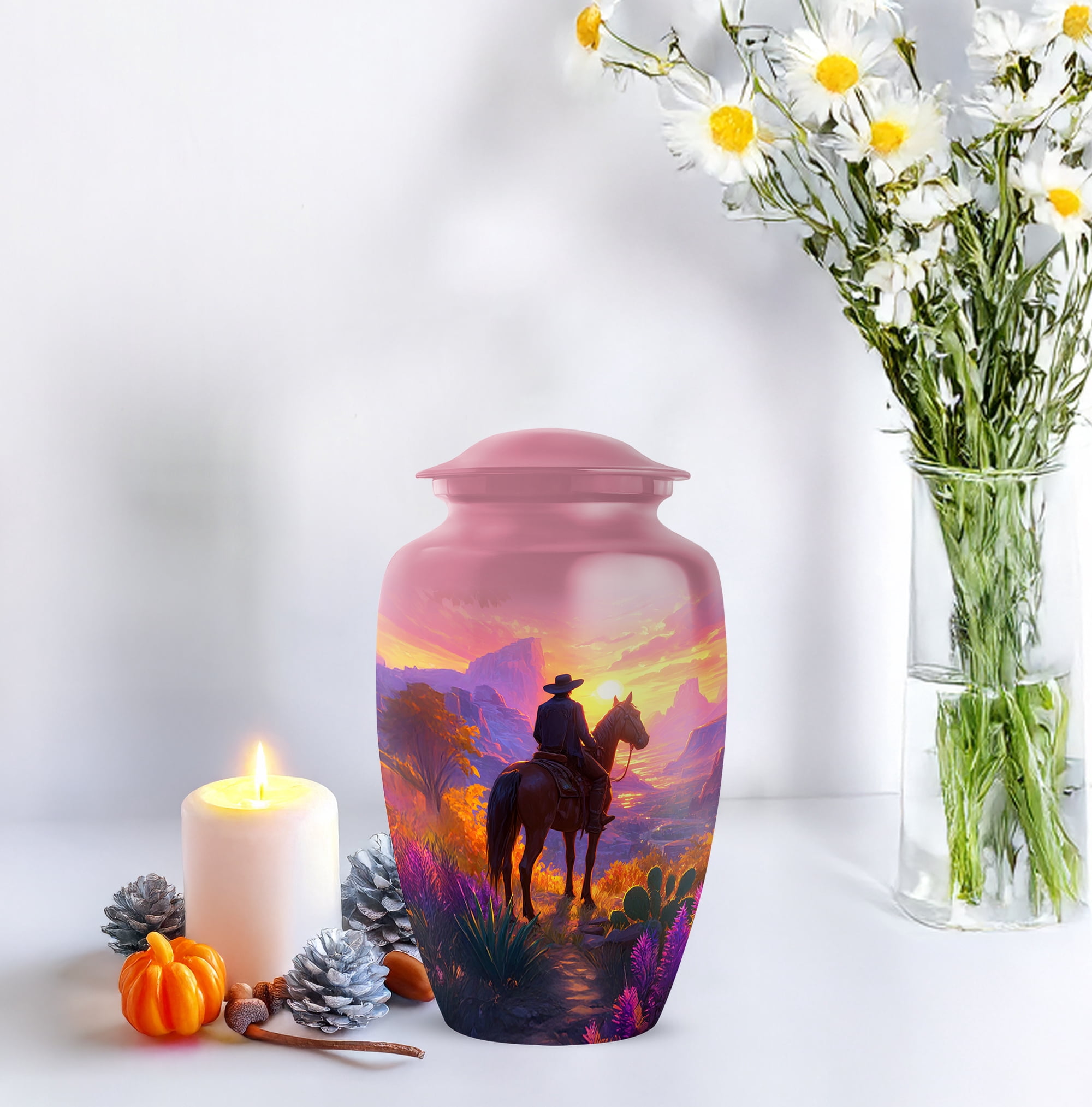 Cowboy Urns, Large And Mini Cremation Urns For Human Ashes Adult Female, Small Funeral Urn For Human Ashes Keepsake, Scenic Sunset Cremation Urn (Size 10 Inch 1 Pcs & Size 3 Inch, 1 Pcs)