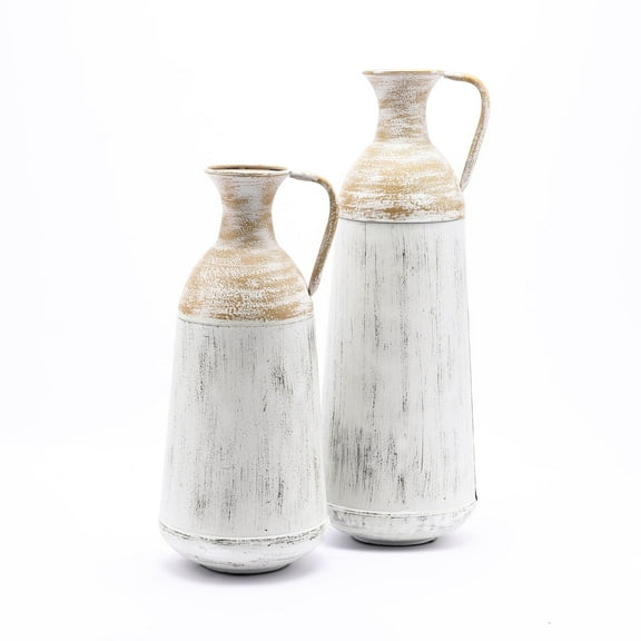 LuxenHome Set of 2 Distressed Off White and Rustic Brown Metal Pitcher Vase