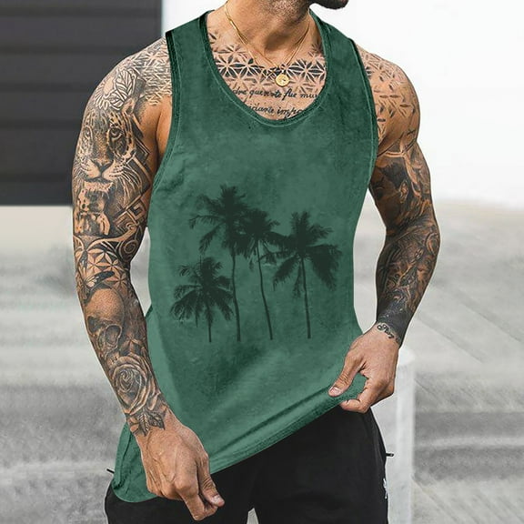 Gifts for Men! Titcea Tank Tops Men Palm Tree Printed Round Neck Sleeveless Graphic T Shirts Workout Running Summer Casual Tank Top