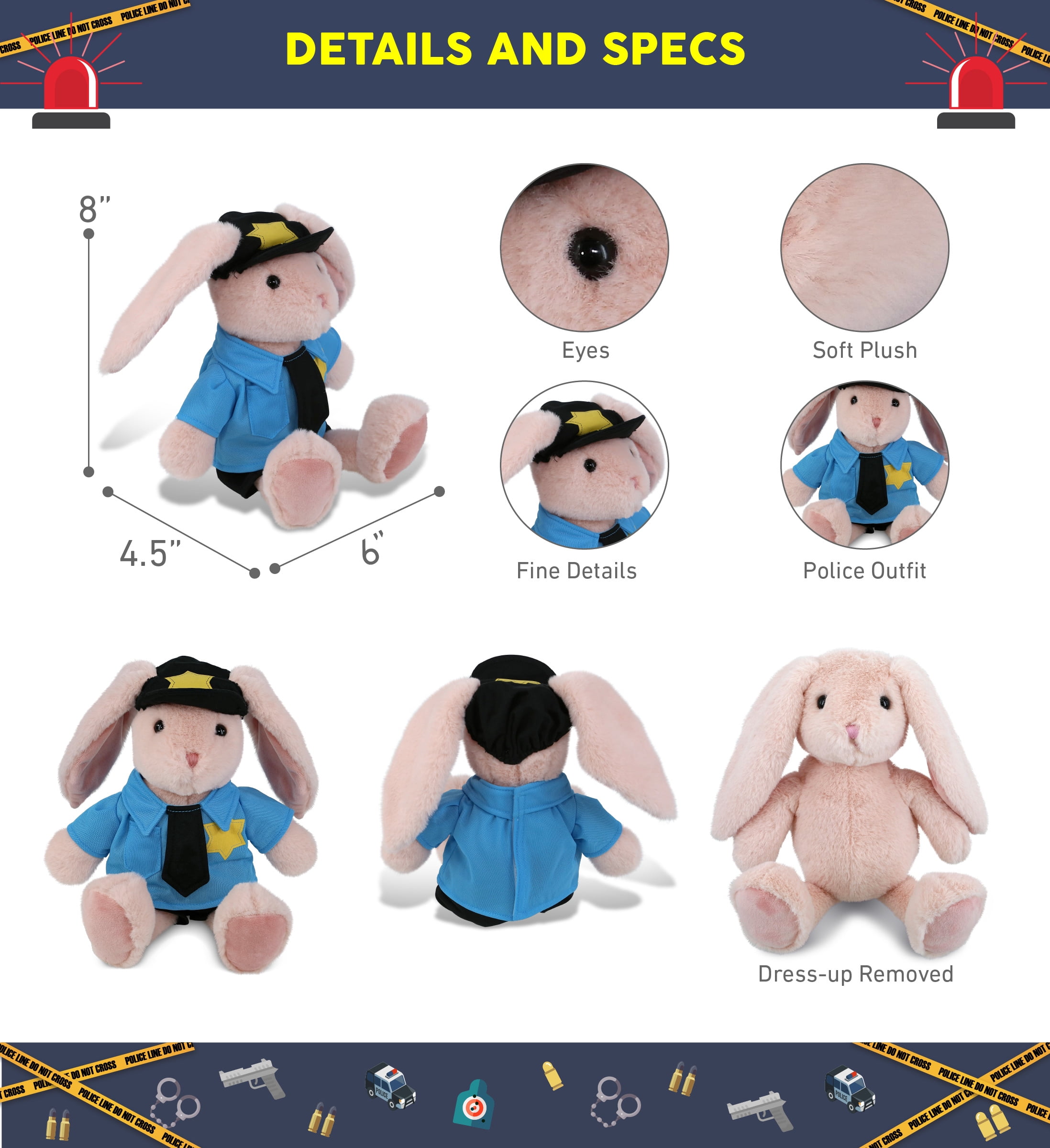 DolliBu Baby Pink Rabbit Police Officer Plush Toy – Super Soft Pink Rabbit Cop Stuffed Animal Dress Up Cop Uniform and Cap Outfit, Fluffy Pink Rabbit Policeman Toy Plush Gift for Kids – 8 Inches