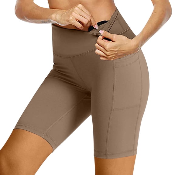 Htigea Womens Biker Shorts High Waist Yoga Workout Gym Shorts Solid Color Summer Leggings with Pockets Brown S