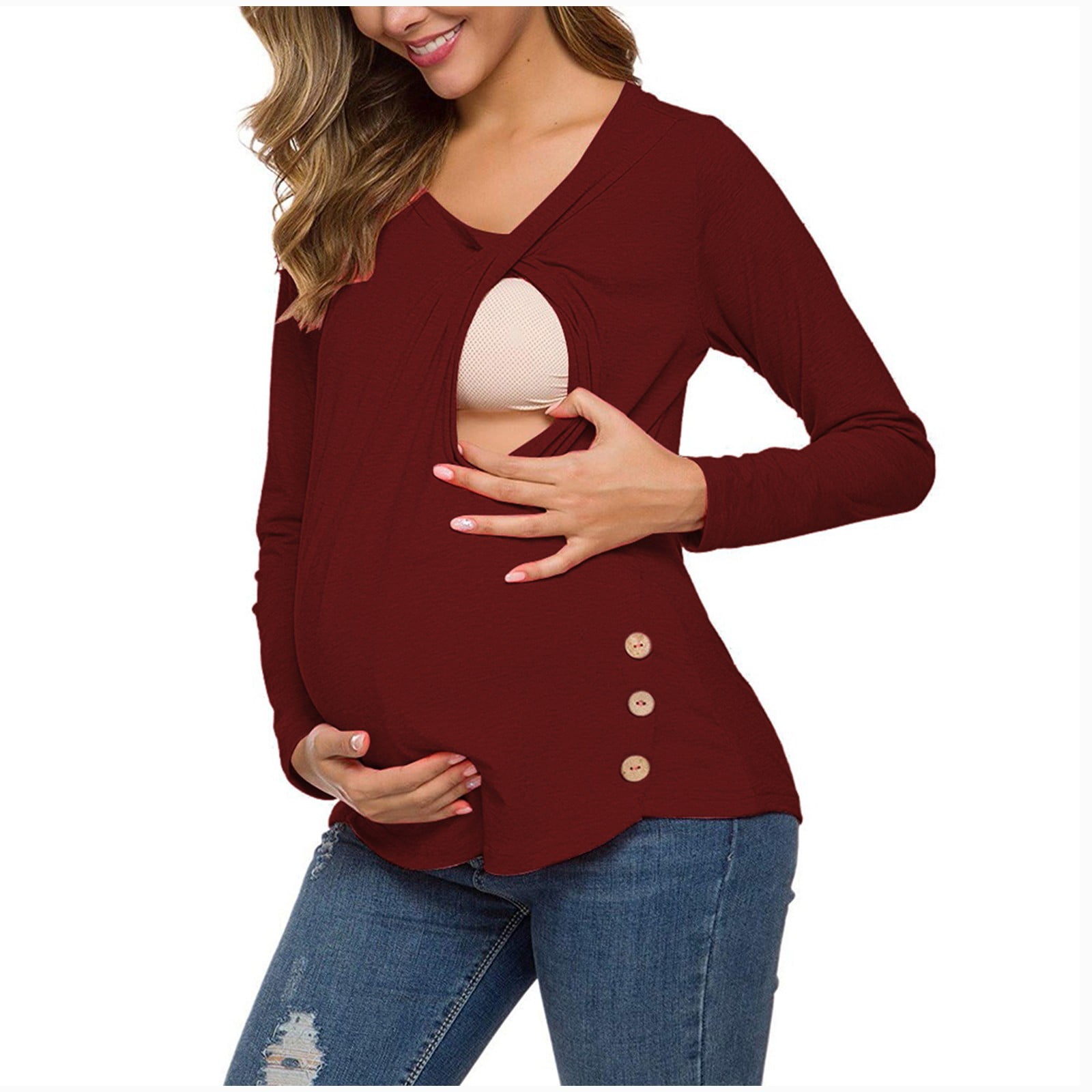 Molliya Maternity Shirts Wrap V Neck Front Pleat Peplum Nursing Tunic Blouse Top Pregnancy Clothes 