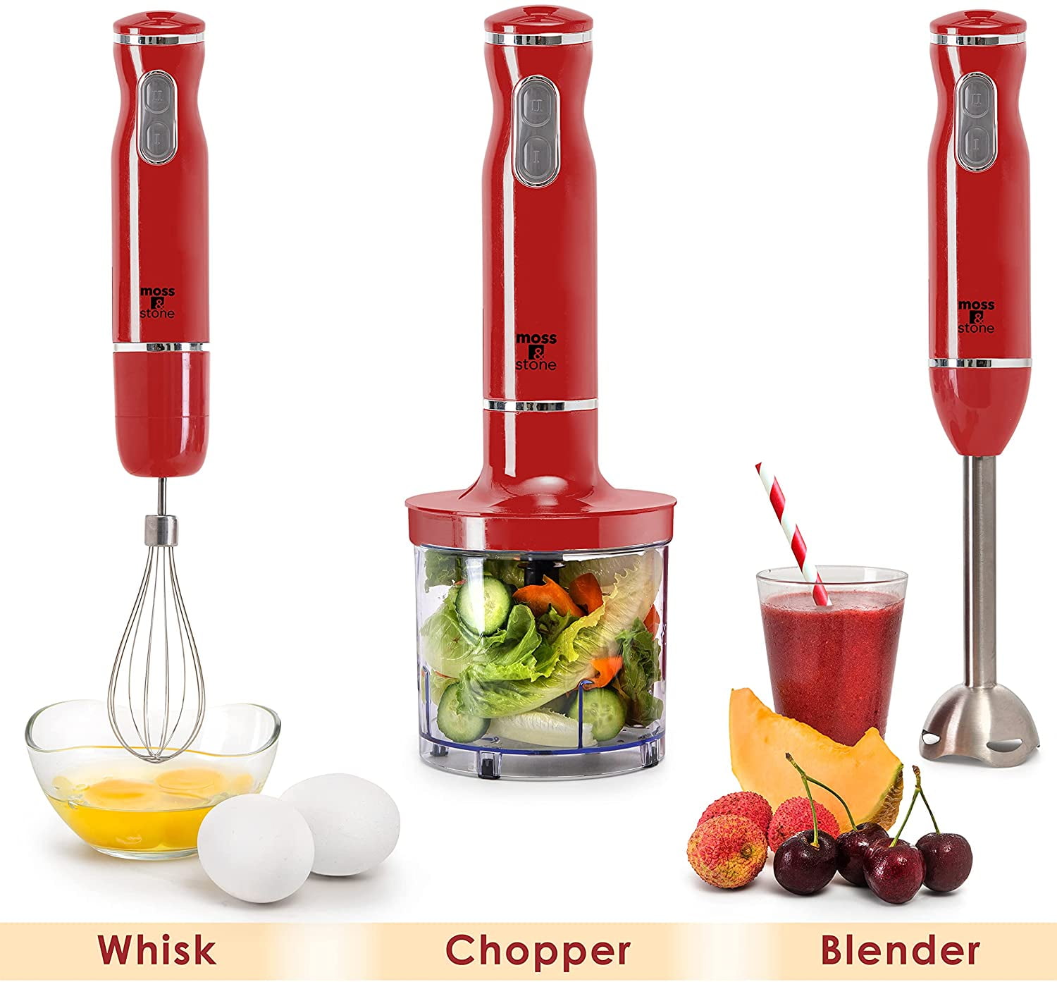 Moss & Stone Electric Smart Stick Hand Blender Set with Egg Whisk & Chopper, Ergonomic Handle (Red)