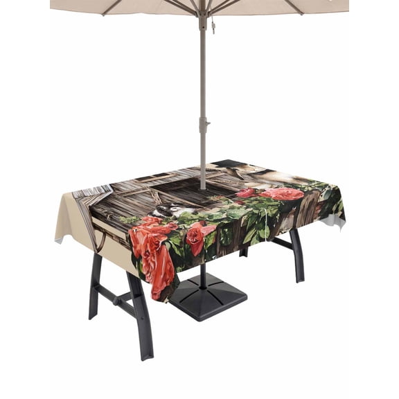 Easter Bunnies Outdoor Tablecloth - 52x70 Inch Rectangle Dining Table Cover, Brown Vintage Farmhouse Rabbits Floral Waterproof Outdoor Table Cloth with Umbrella Hole & Zipper for Picnic/Patio/Party