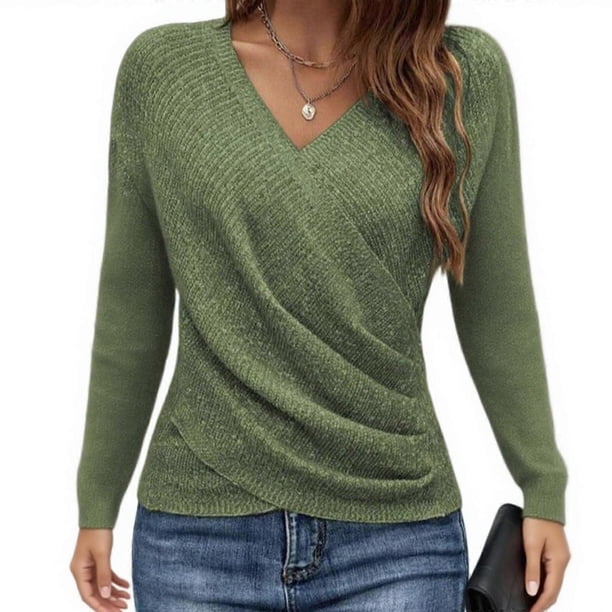 Women's V Neck Long Sleeve Off Shoulder Sweaters Criss Cross Wrap Ruched Pullover Fall Tops dark blue XXL
