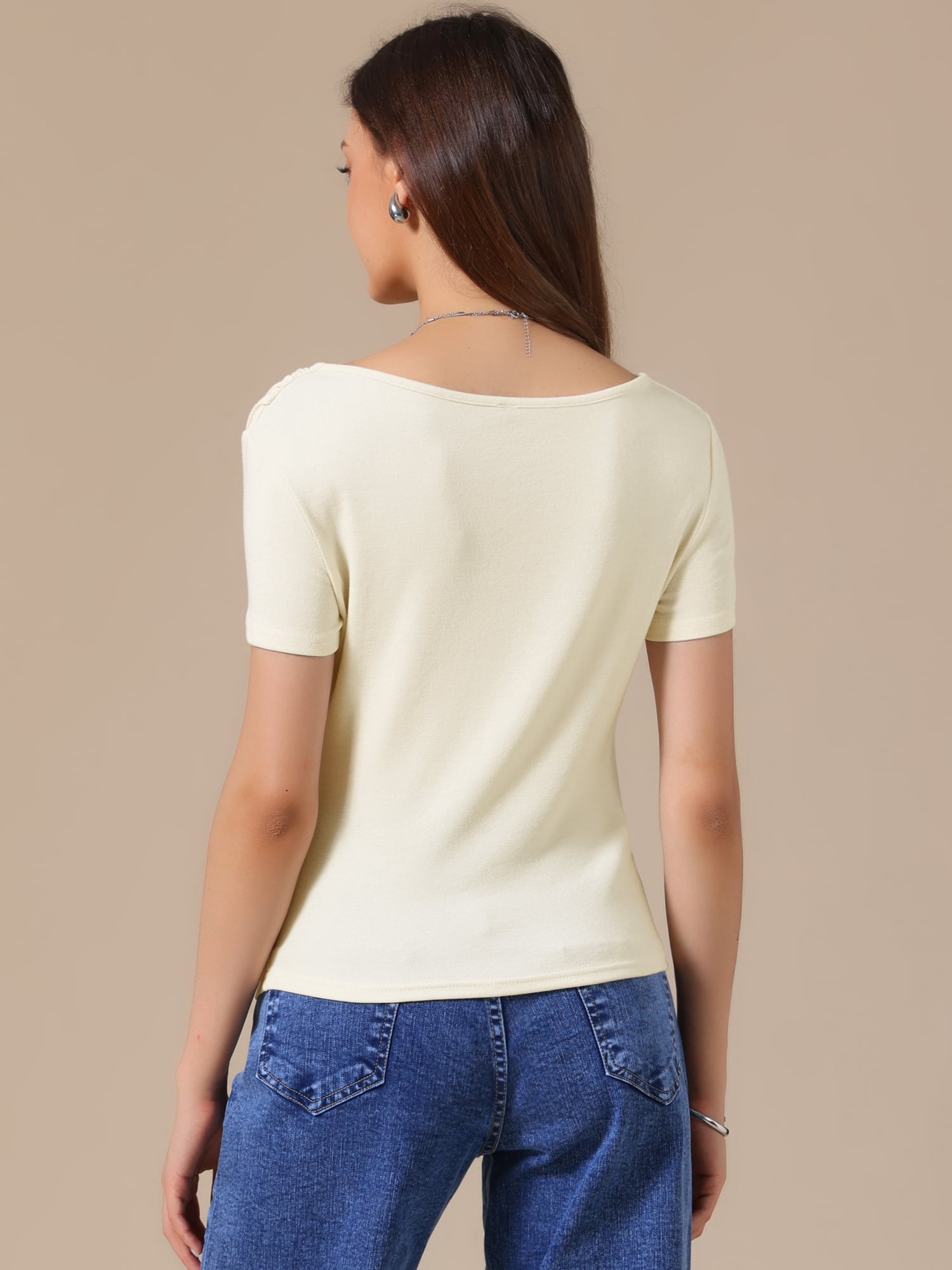 DARING DIVA Women's Short Sleeves Top Ruched Going Out Crop Slim Tee Blouse L Apricot
