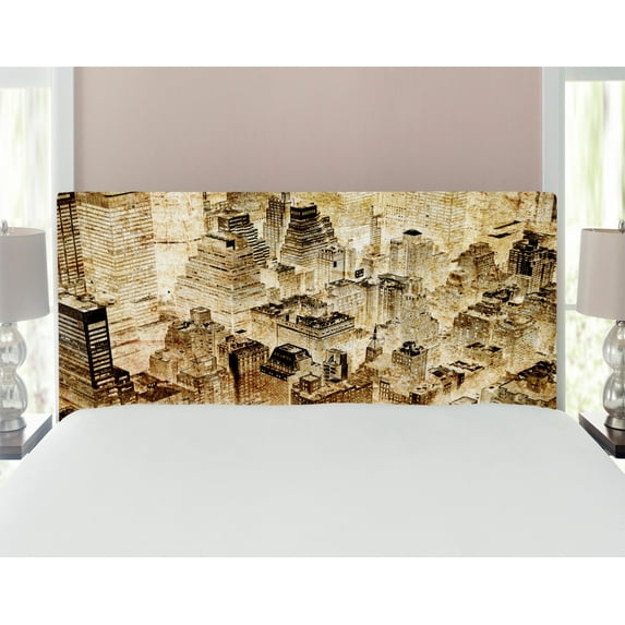 Vintage Headboard, High Buildings Night Luminous United States of America City Vibrant Alive Town Photo, Upholstered Decorative Metal Bed Headboard with Memory Foam, Full Size, Yellow, by Ambesonne