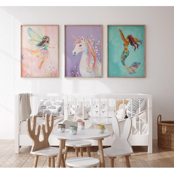 Fairy Mermaid Unicorn Decor Nursery Wall Art Colorful Room Prints Playroom Art Set 3 Unframed Paper Print 8x12