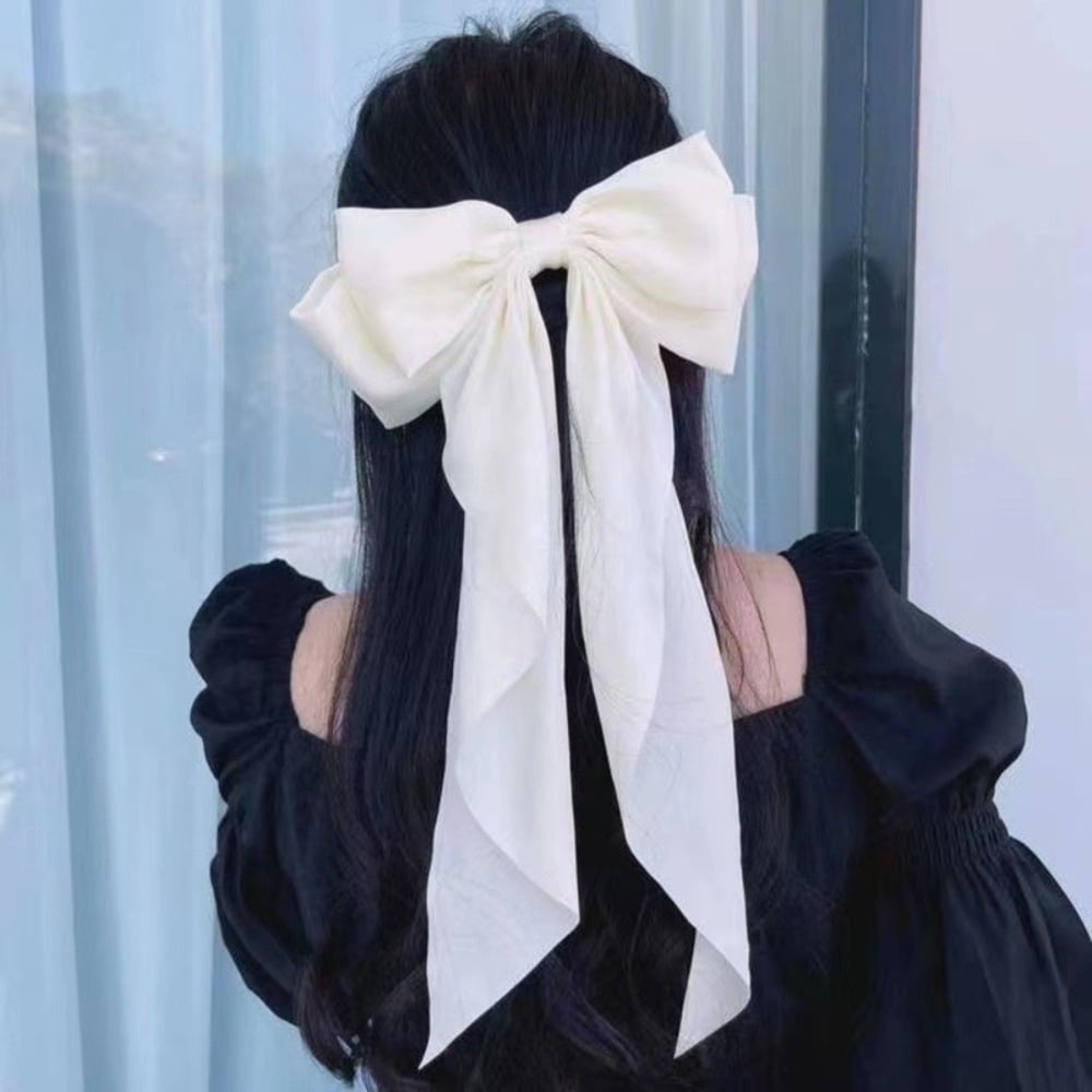 2Pcs Girls Barrettes Chiffon Solid Color Large Bowknot Hair Accessories  Stain Hairpin Ponytail Clip Bow Hair Clip WHITE 