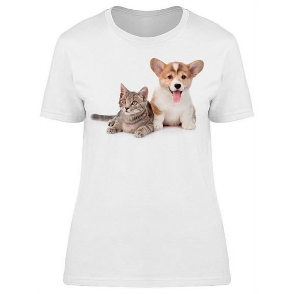 Kitten And Dog Sitted Together T-Shirt Women -Image by Shutterstock Women T-Shirt, Female XX-Large