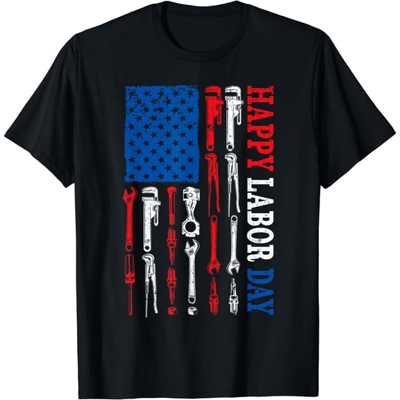 Retro Mechanic Tools US Flag Happy Labor Day Patriotic Union T-Shirt Black Small