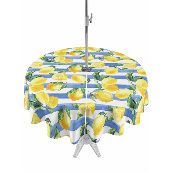 Outdoor Tablecloth with Umbrella Hole for Patio/Picnic/Party/Camping, Summer Lemon Waterproof Table Cloth Round Cover Washable, Fruits Green Botanical Blue Striped (Dia 60")