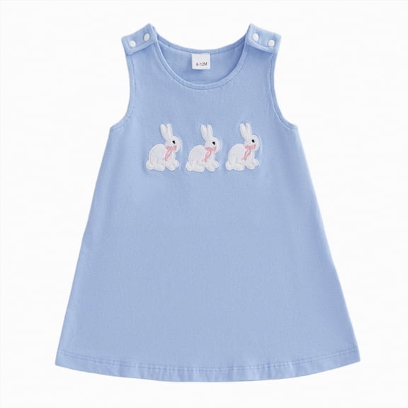 Linfrsh Toddler Girls Cotton Summer Easter Short Sleeve Dress Cartoon Print Casual Jersey Dresses(Blue,6-12 Months)