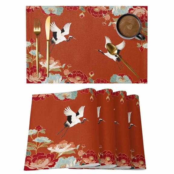 Red Crane Placemats Set of 4, Vintage Red Teal Spring Floral Botanical Placemats for Dining Table, Place Mats for Kitchen Tabletop, Waterproof Wipeable Dining Table Mats Set