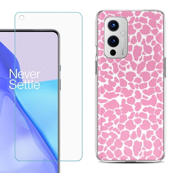 Slim-Fit TPU Phone Case Compatible with OnePlus 9 5G, with Tempered Glass Screen Protector, by OneToughShield ® - Giraffe/Pink