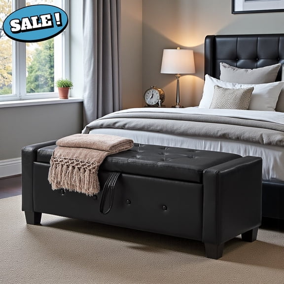 GZXS 48" Storage Ottoman Bench with Tufted Padded Seat, PU Leather Upholstered Bench for Bedroom, Living Room, Entryway, Hallway, Supports 300lbs, Black