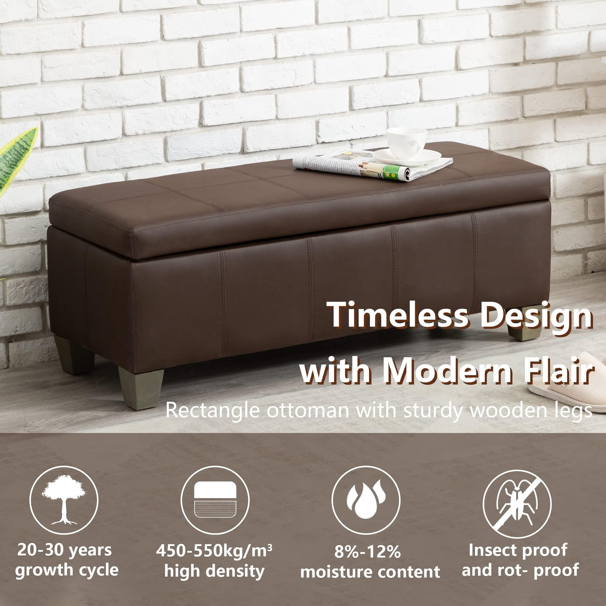 Foredo Rectangle Ottoman with Storage, Modern Faux Leather Bench with Solid Wood Legs, Ottoman for Living Room, Bedroom and Entryway, Brown