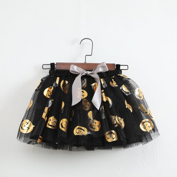 FASHOFT Halloween For Girls Spider Web Pumpkin Print Mesh Skirt With Lining Fluffy Tutu Short Skirt Stage Party Wear Kids Halloween Dress Up Black 6-8 Years