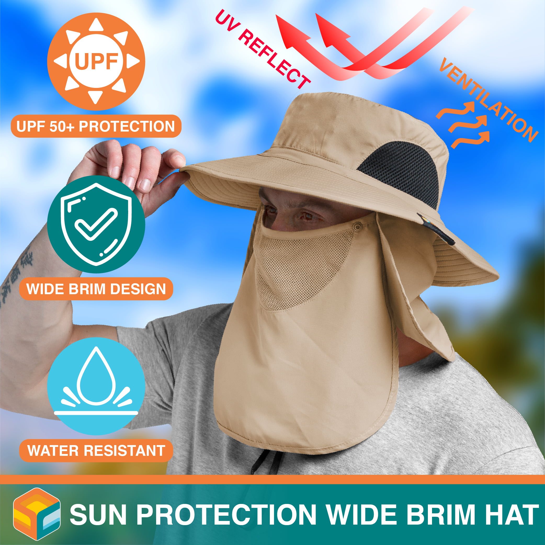 SUN CUBE Fishing Hat for Men Outdoor UV Sun Protection Wide Brim Sun Hat  with Neck Flap Face Cover - Outdoor Hiking Safari UPF50+ Boonie Bucket Hat  (Tan) 