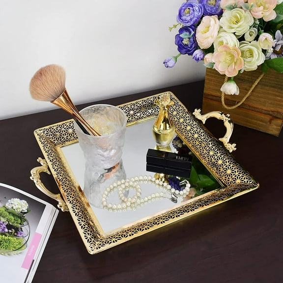 Decorative Mirrored Tray with Metal Handles, Vintage Gold Mirror Tray Rectangle Serving Tray, Bathroom Vanity Trays for Dresser Makeup Perfume Tray Valentine's Day Gifts