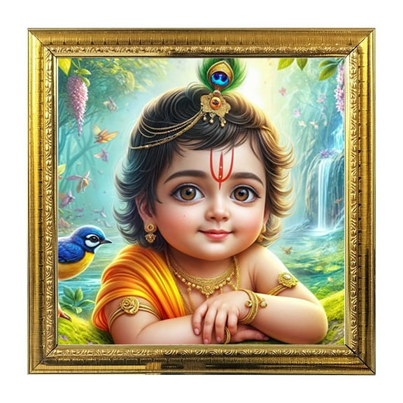 Cute Krishna India God Idol Photo Frame for Pooja Hindu Bhagwan Devi Devta Photo Frame Wall Decor Puja Temple Photo Frame 5.1 in