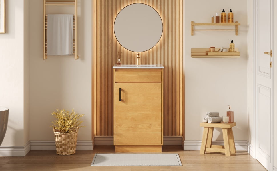 Euroco 20-inch Bathroom Vanity with Ceramic Sink, Freetanding Single Vanity Set with Soft Closing Door, Adjustable Shelf, Farmhouse Style, Natural Wood.