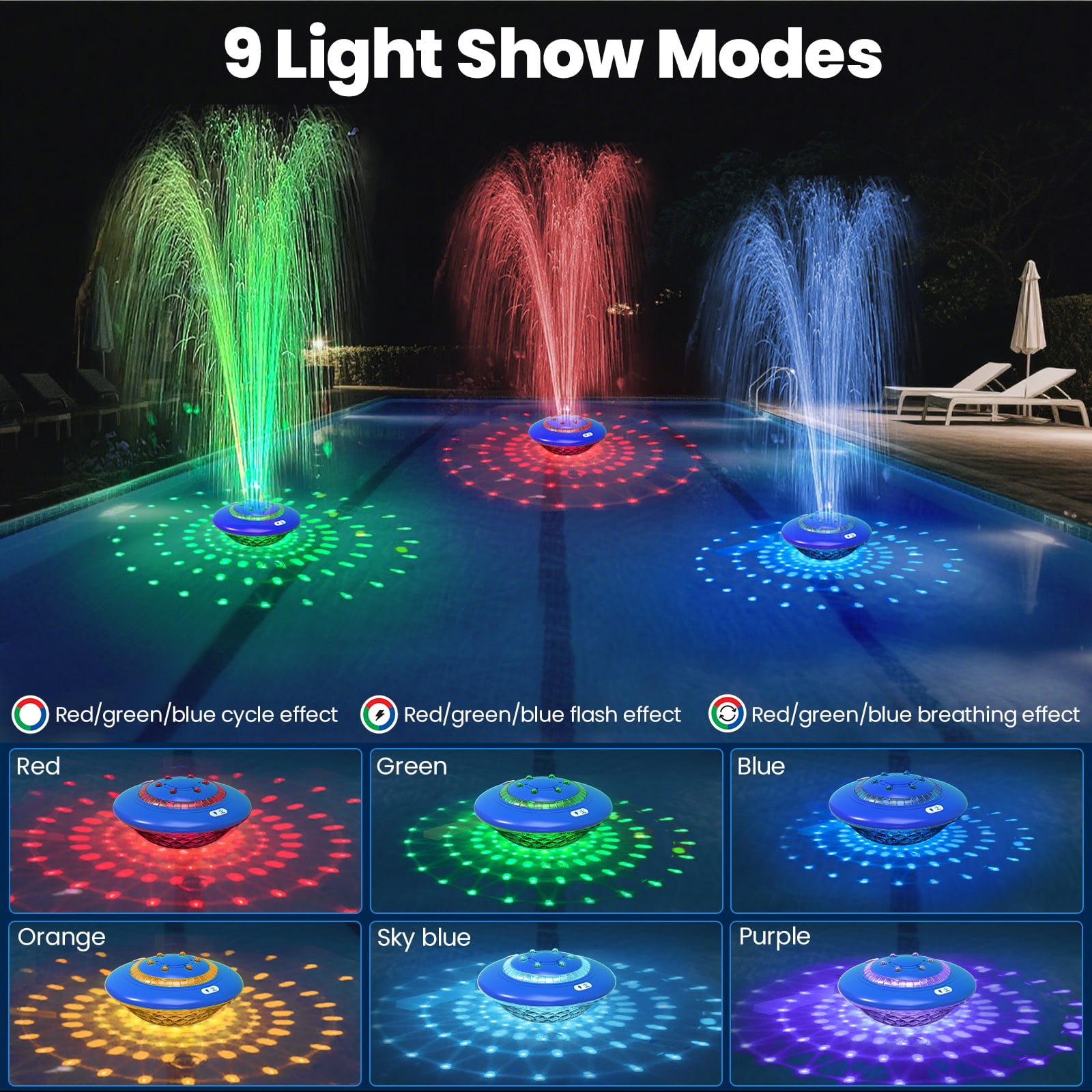 WARMTUYO Floating Pool Fountain with Light Show, Rechargeable with Remote, 9 Pool Light Modes & 3 Fountain Modes for Above Ground Pool, Pool Pond,Outdoor, Yard, Bird Baths
