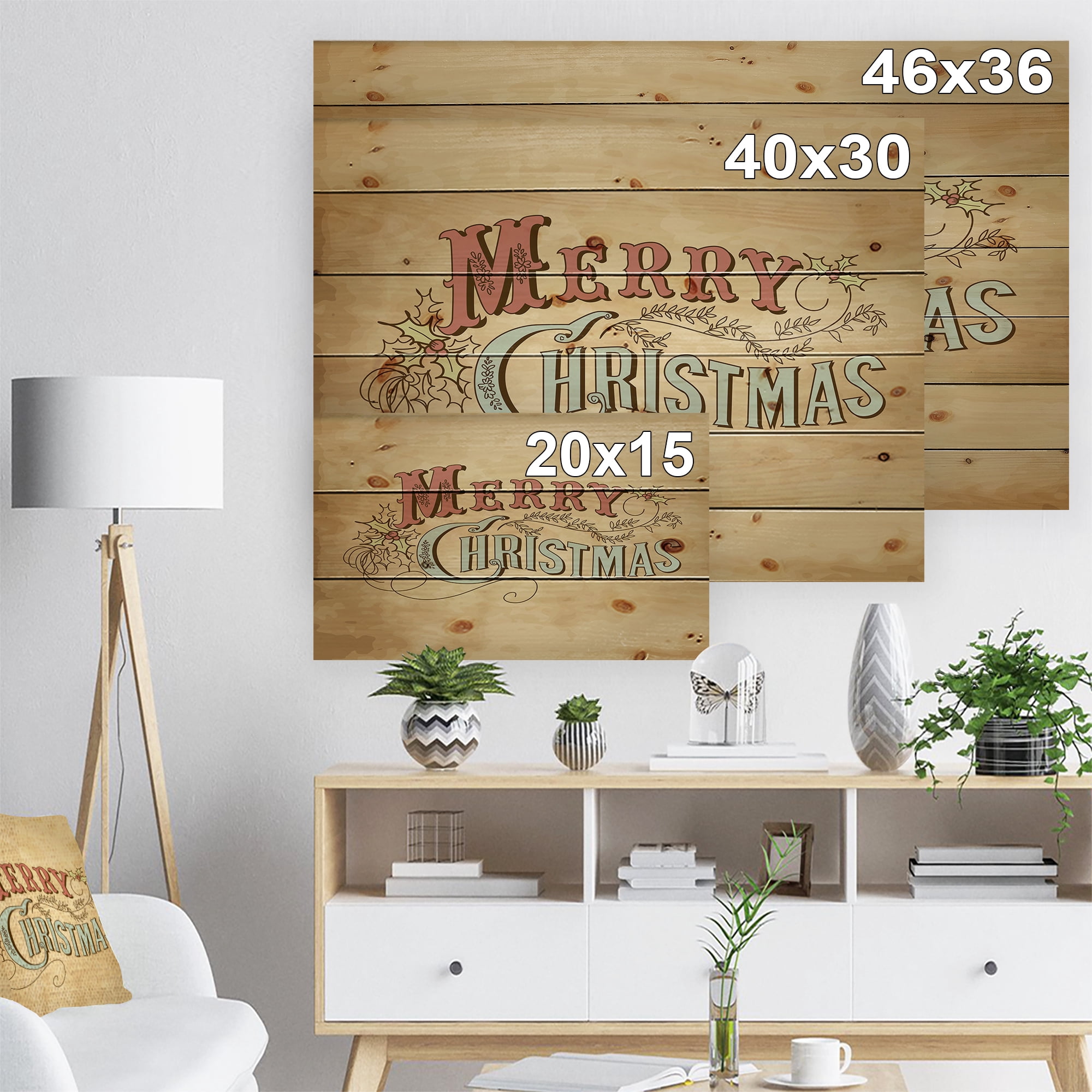 Designart 'Merry Christmas Vintage Wish in Western Font' Print on Natural Pine Wood