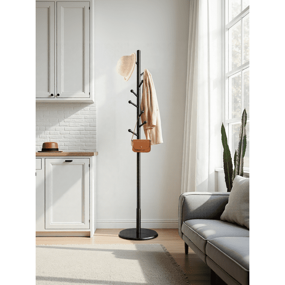 LEDREM Solid Wood Coat Rack with 8 Hooks, Adjustable Height Free Standing Coat Tree for Entryway and Hallway, Rubberwood, Ink Black