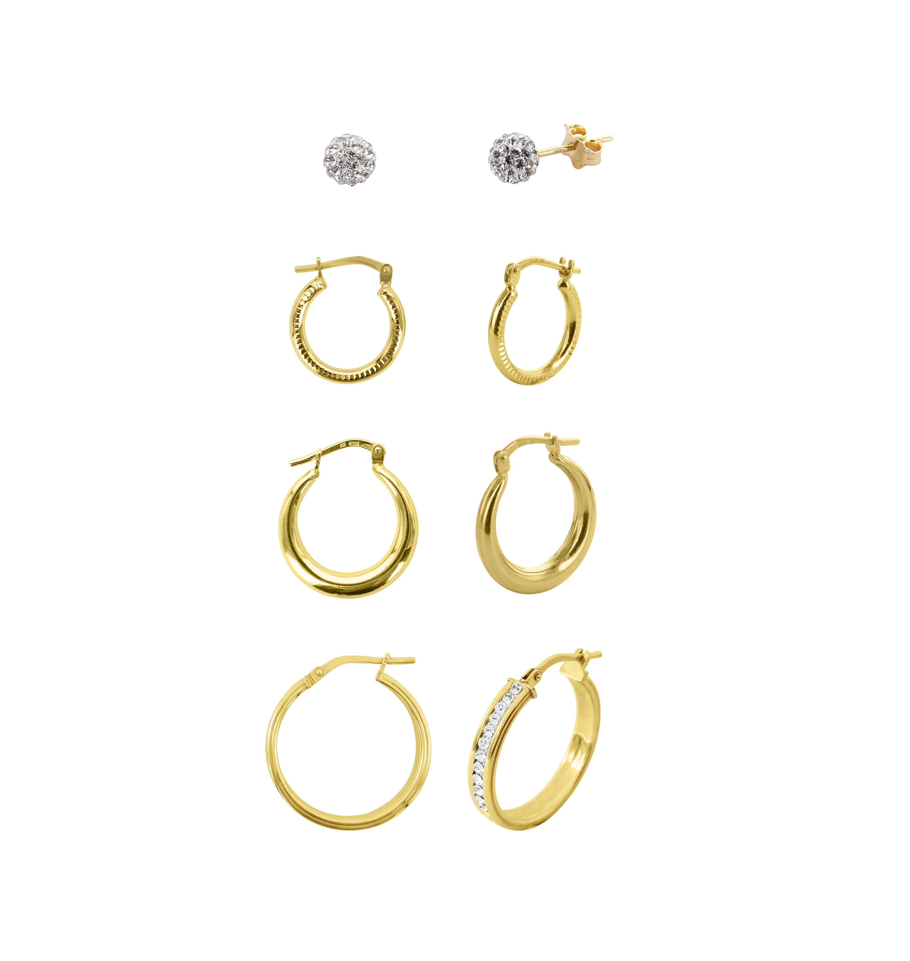 Brilliance Fine Jewelry Sterling Silver 14K Gold Plated Crystal Studs and Hoops Adults Earring Set; Adults 4 Pairs