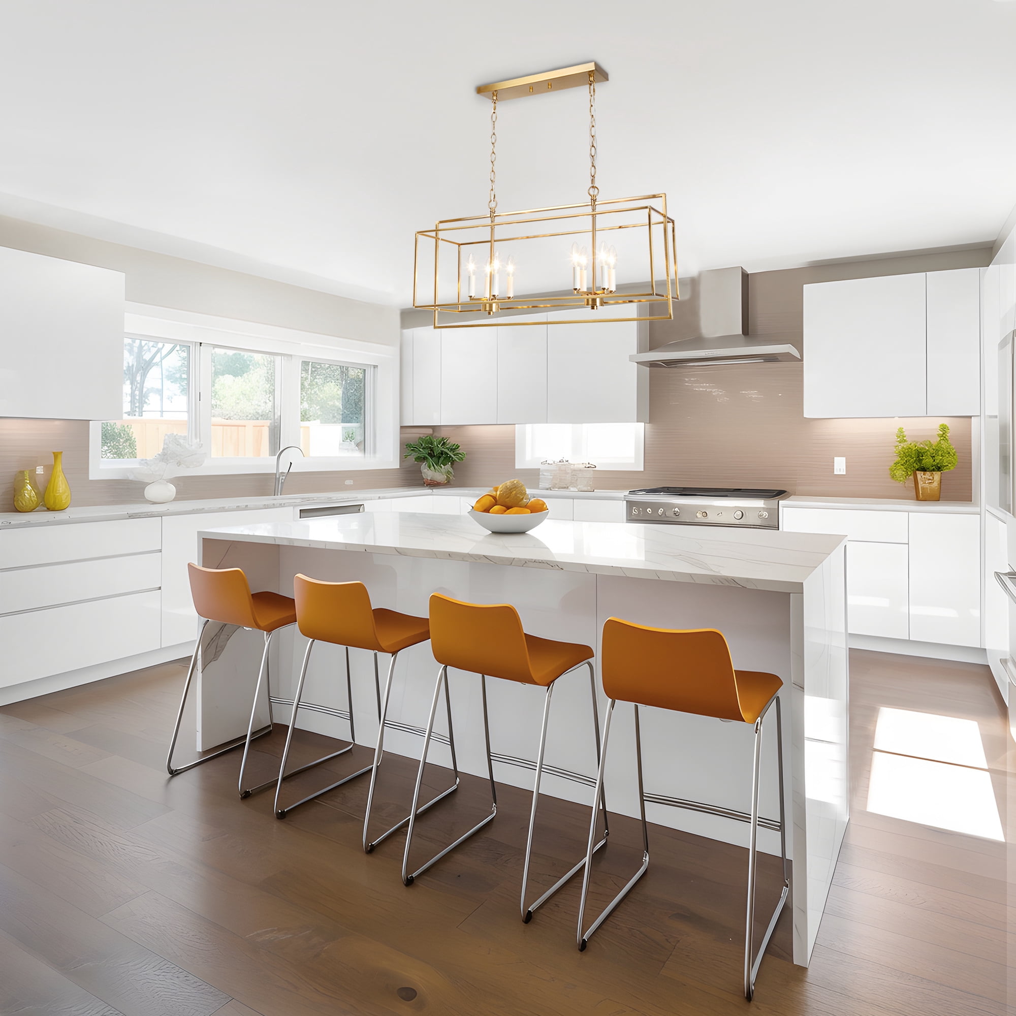 LNC 32-in Gold Rectangular 8-Light Island Chandelier for Kitchen Island & Dining Room