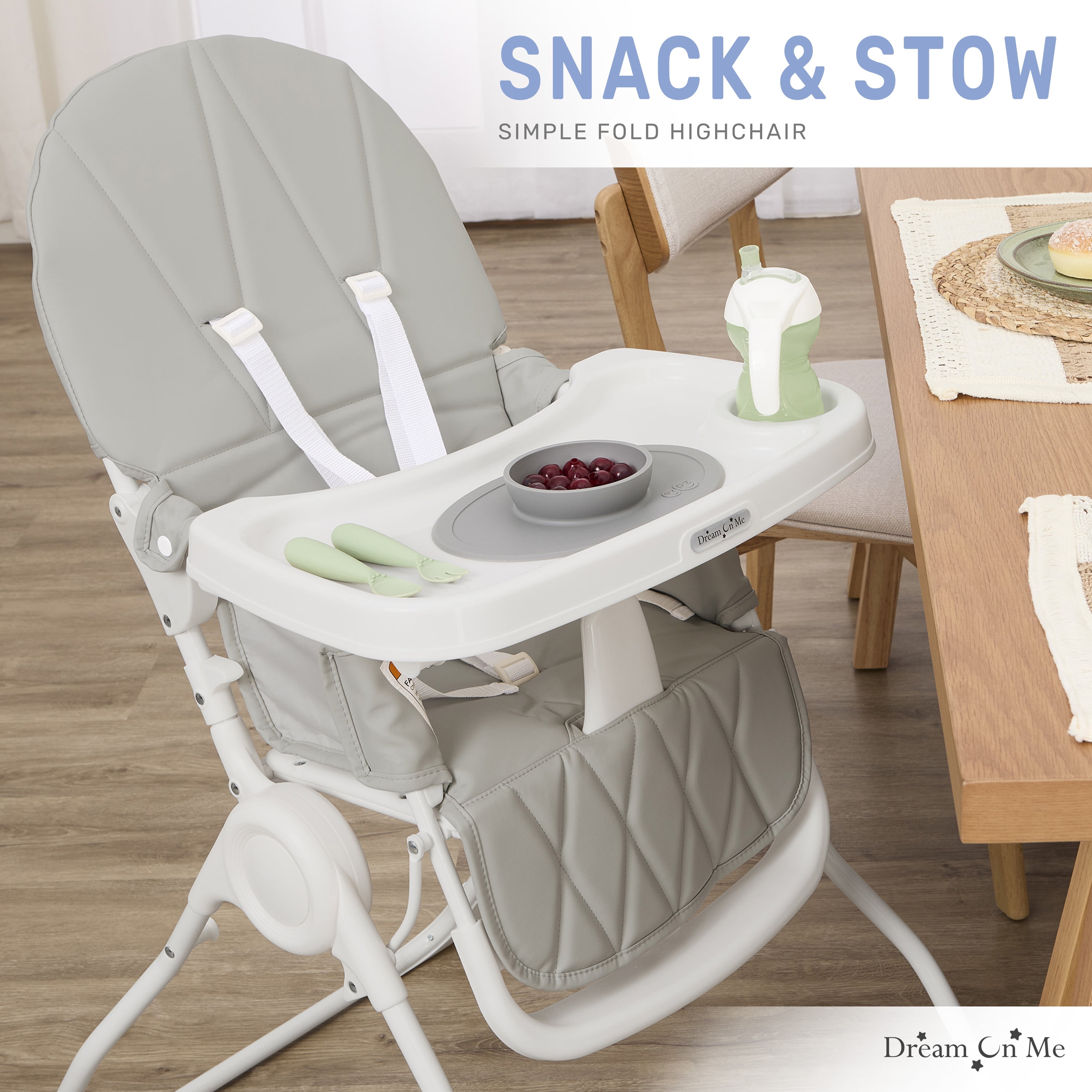 Dream On Me Snack and Stow Baby high Chair, Easy to fold and Store Travel high Chair, Removable and Three Position Adjustable Tray Portable high Chair, Koala Gray