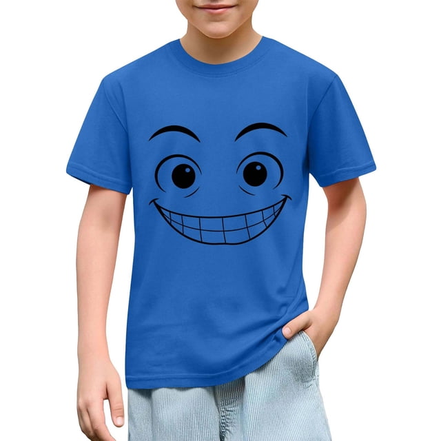 Blusas y camisas de manga corta con cuello redondo para niños y niñas, color liso, con estampado de expresión linda, manga corta, holgadas y cómodas, blusa para niña