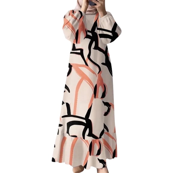 Women Abaya Long Sleeve Dress Prayer Kaftan with Ruffle Hem,Beige,S