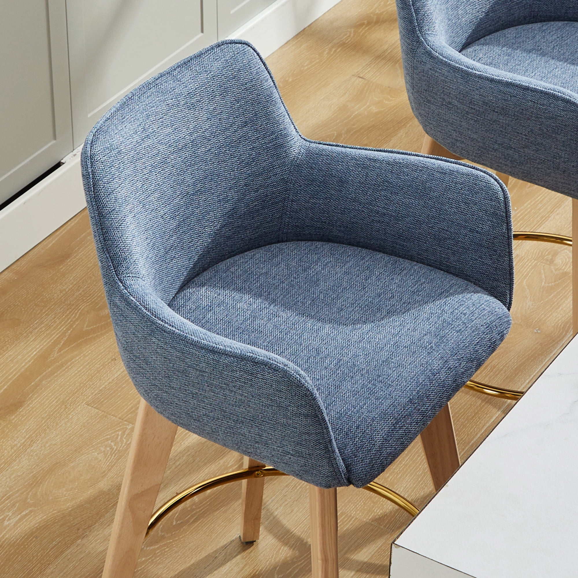 Zesthouse 25.8" Modern Bar Stools Counter Height, Swivel Single Bar Stool for Kitchen Island, Upholstered Linen Barstools with Barrel Back, Arms and Solid Wood Legs, Blue