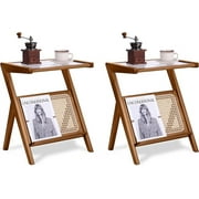 Tiita 2 Pack Rattan Side Table, Mid Century Nightstand, Bamboo Accent Bedside Tables, Glass Coffee Tables, Boho Wooden End Table with Storage for Small Space, Living Room and Bedroom