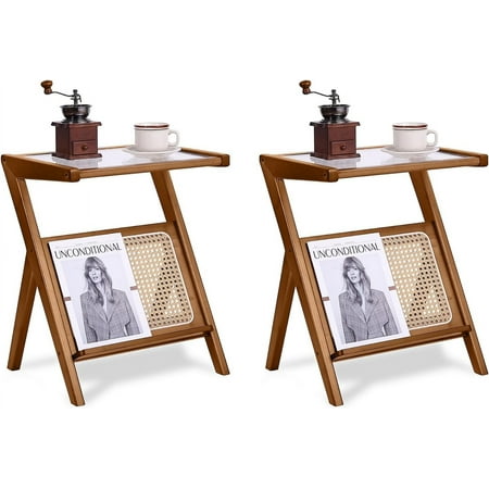 Tiita 2 Pack Rattan Side Table, Mid Century Nightstand, Bamboo Accent Bedside Tables, Glass Coffee Tables, Boho Wooden End Table with Storage for Small Space, Living Room and Bedroom