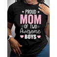 thumbnail image 1 of Camisetas para mujer, lindas camisetas con estampado gráfico, de manga corta, estilo casual, para verano"Proud Mom of Two Awesome Boys" Letter Print Crew Neck T-Shirt - Casual Short-Sleeved Round Ne, 1 of 7