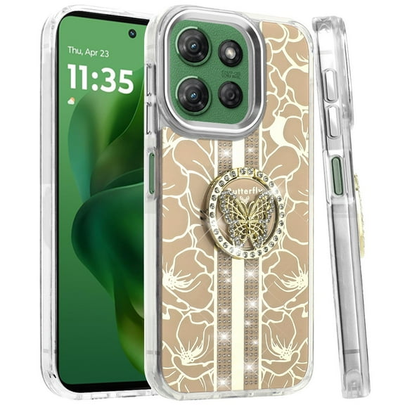 XPM for Motorola Edge 2025 Phone Case, Diamonds 3D Butterfly Floral Design Bling Sparkly Glitter Hybrid Metal Fashion with Ring Stand Cover for Motorola Edge (2025) (Gold)