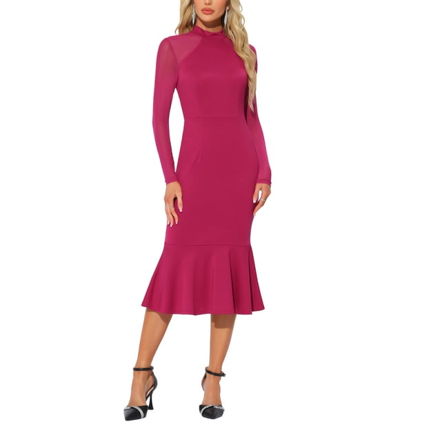 INSPIRE CHIC Vestido de Mujer Cuerpo Sirena Bodycon Cuello Mock Malla Transparente de Manga Larga S Rojo Rosa
