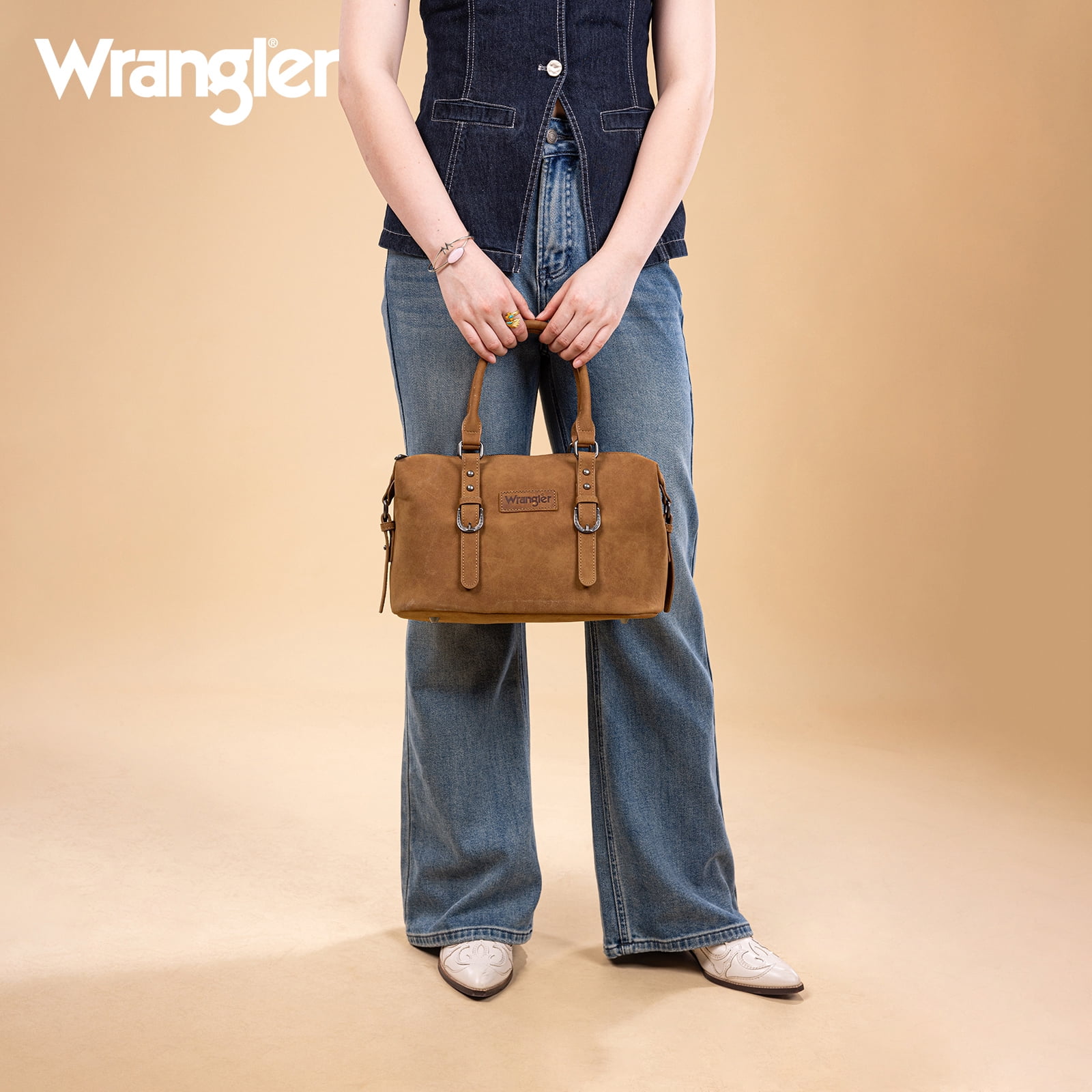 Wrangler Suede Doctor Bag Top Handle Purse Satchel Handbags Suede Crossbody Barrel Handbags for Women, Brown