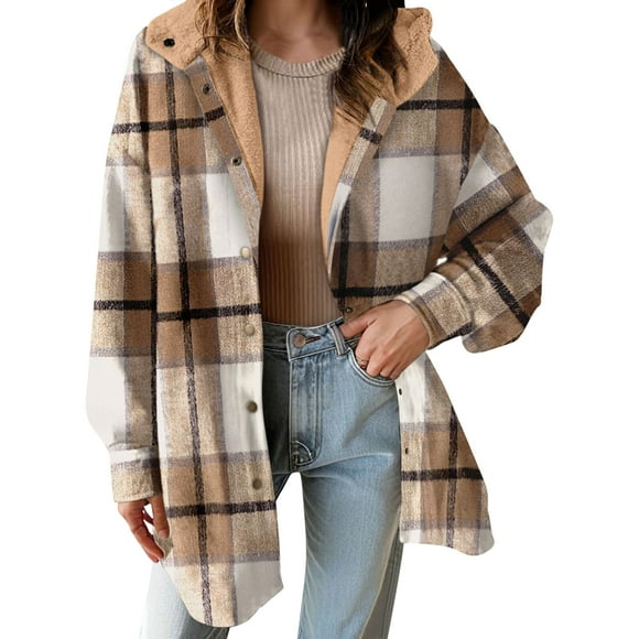 Women's Button Down Fleece Flannel Jacket Plaid Hooded Jackets Sherpa Lined Hoodies for Women Mothers Gifts