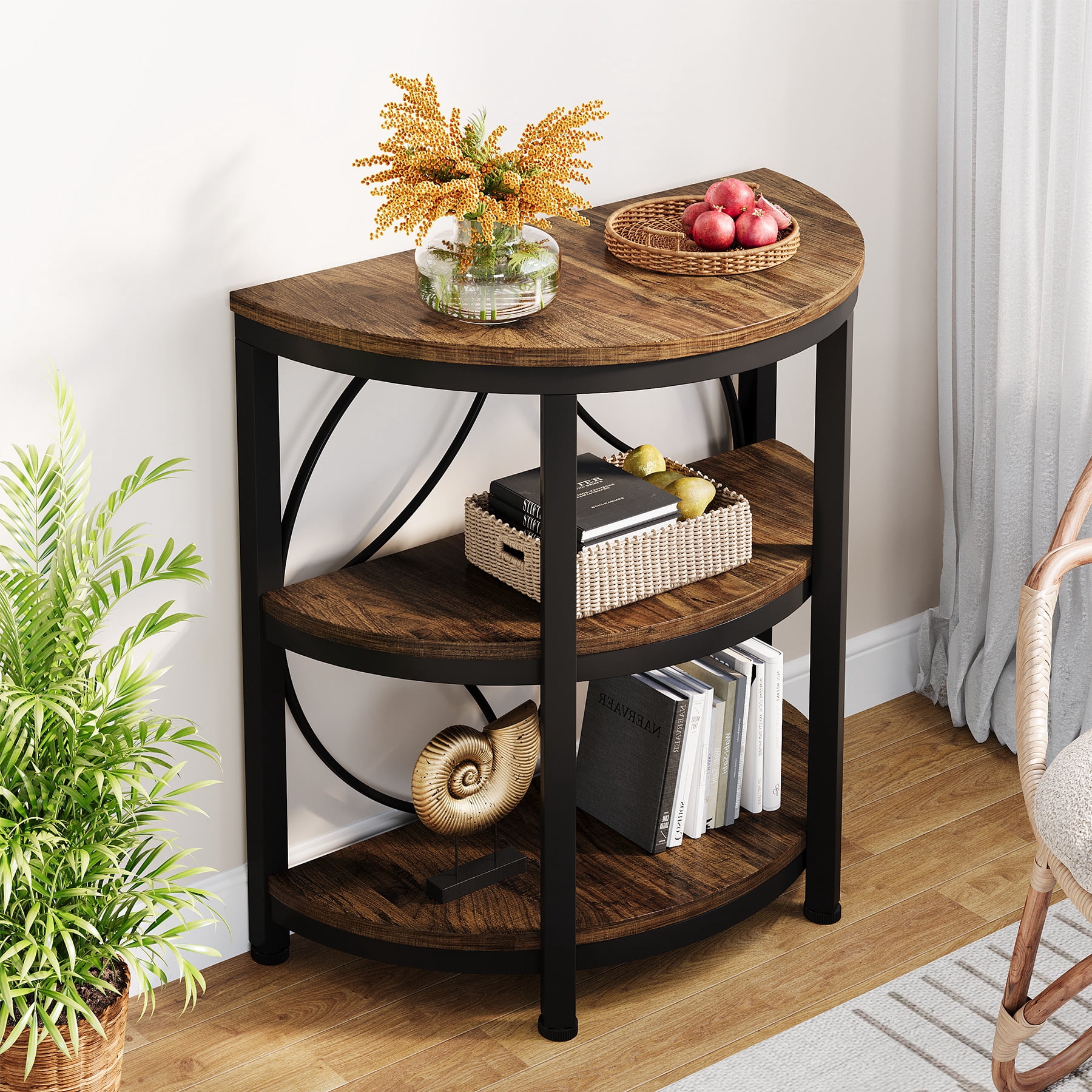 Fnova Farmhouse Half-Moon End Table, 3-Tier Storage Wood Side Table with Metal Frame, Modern Bedside Table, Narrow Sofa Table for Living Room Bedroom, Easy Assembly, Vintage Brown