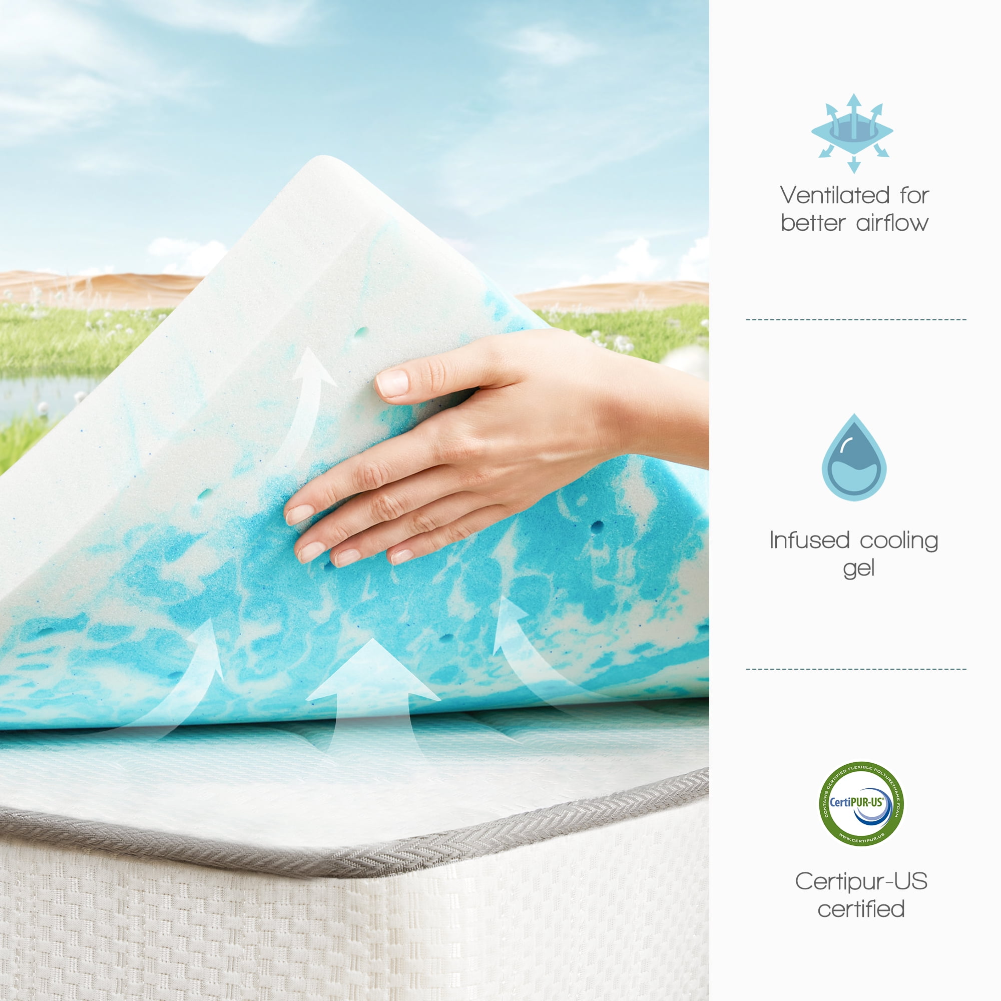 CONCETTA Cooling Gel Memory Foam Mattress Topper, 2 Inch Twin, Pressure Relief for Back Pain, CertiPUR-US Certified Comfort Enhancer