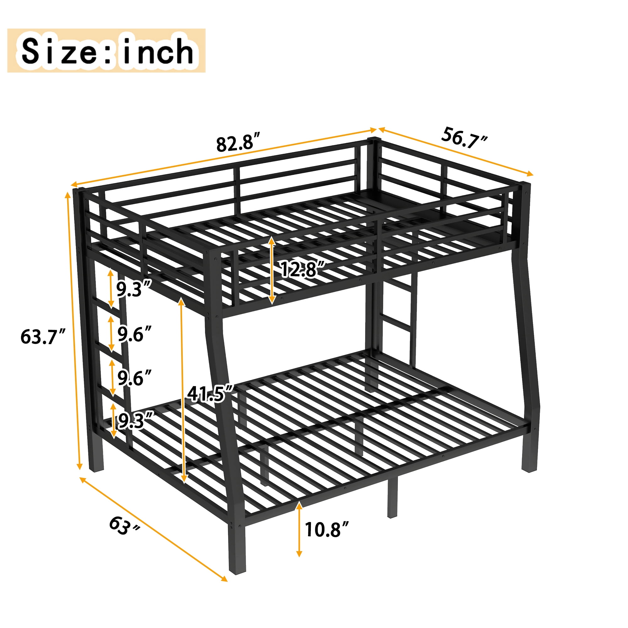 Leumius Full XL over Queen Metal Bunk Bed,Heavy Duty Metal Bed Frame with Full-Length Guardrail and 2 Ladders,Space-Saving,Noise Reduced,Black