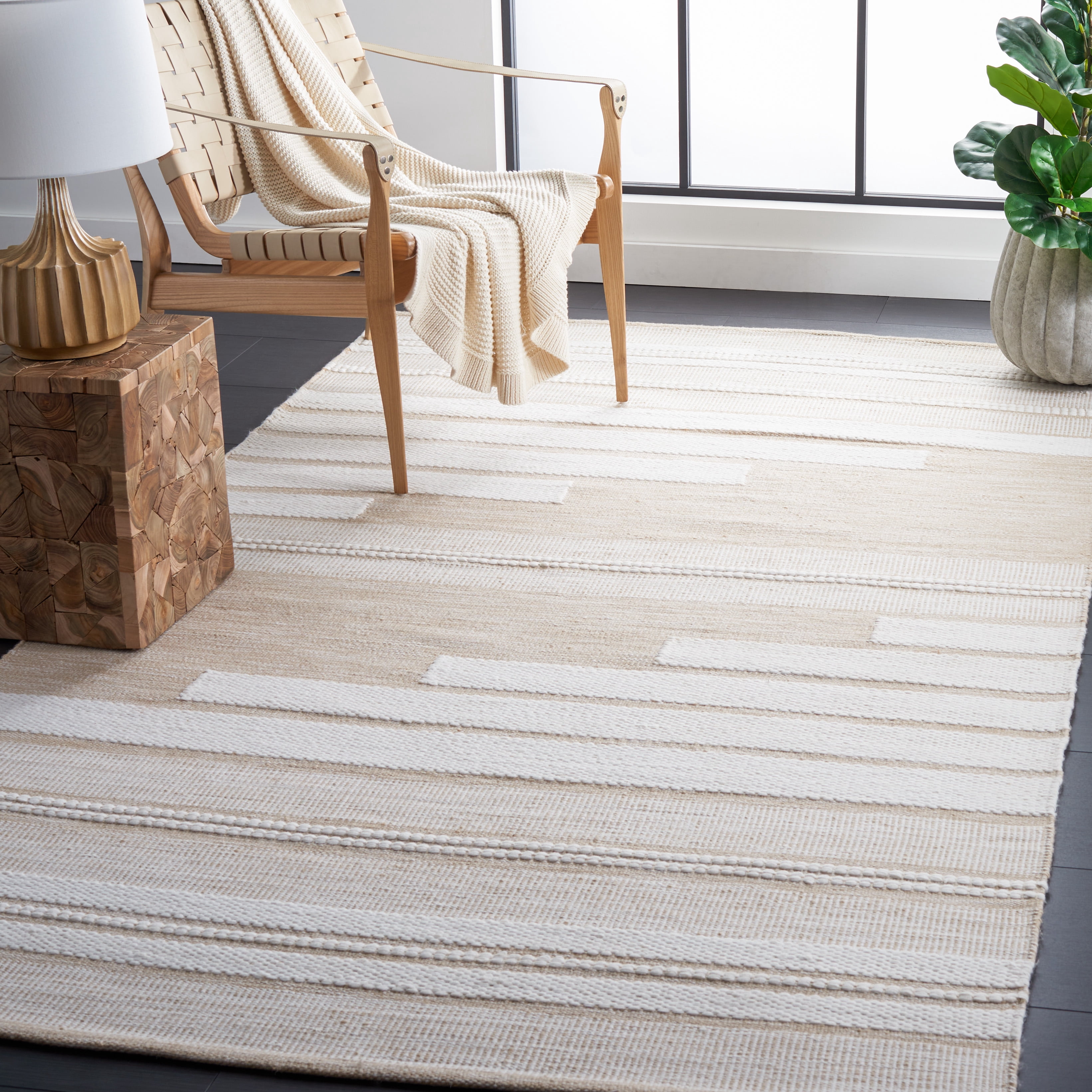 SAFAVIEH Kilim Adam Striped Polyester Area Rug, Ivory/Tan, 6' x 6' Square