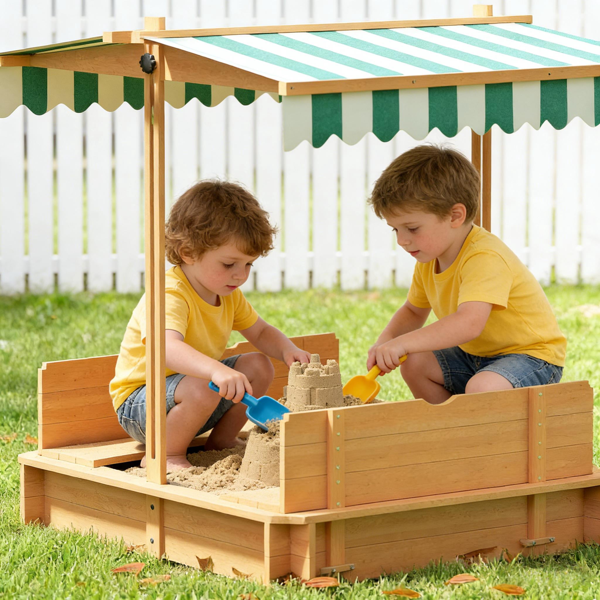 Kids Wooden Sandbox with Adjustable Canopy & Convertible Lid, Detachable Backrest Benches, Non-Woven Bottom Liner, Light Brown Fir Wood Outdoor Sand Pit, Ages 3-7