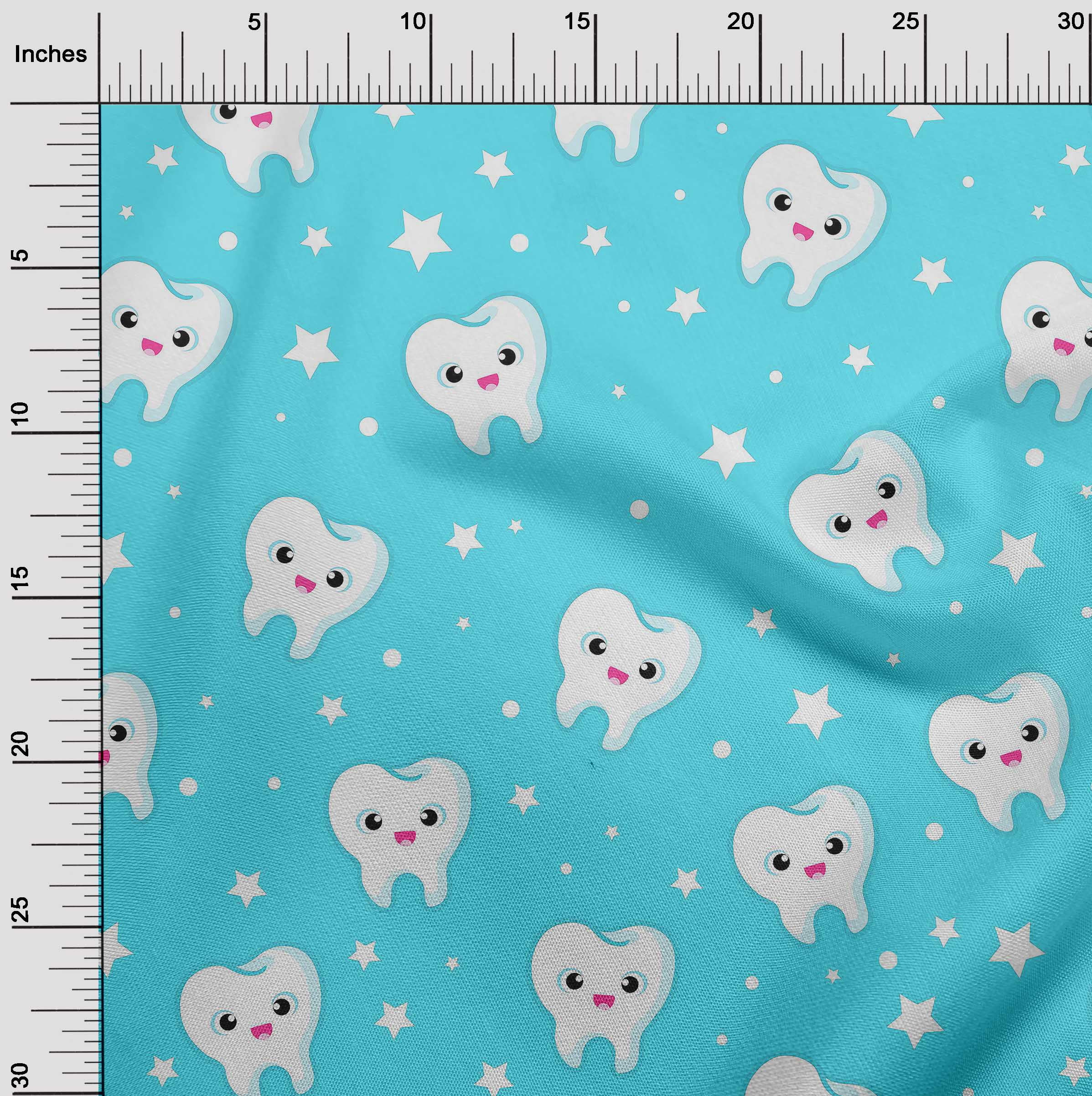 oneOone Cotton Poplin Aqua Blue Fabric Teeth Quilting Supplies Print Sewing Fabric By The Yard 56 Inch Wide